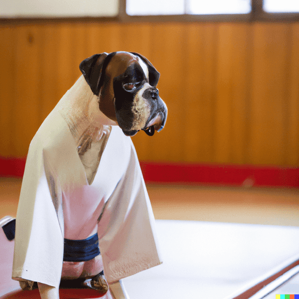 A boxer dog standing and wearing traditional aikido dougi suit in a tatami dojo