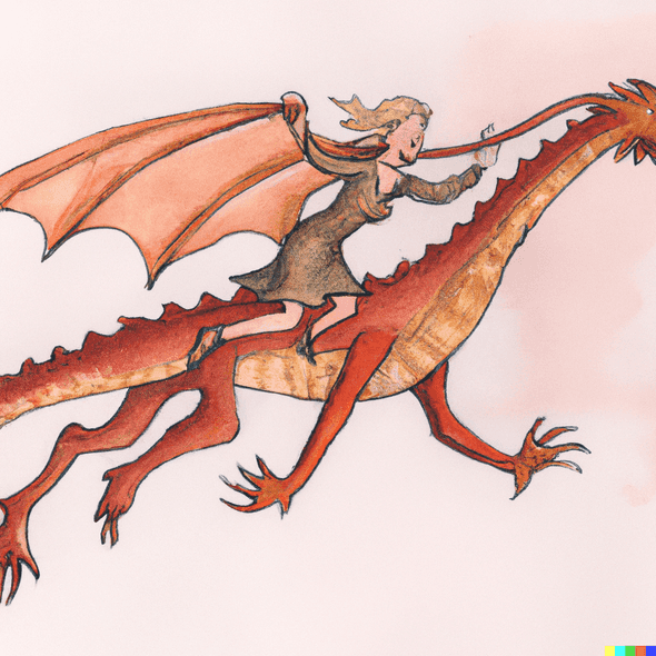A flying dragon in medieval Europe, watercolor painting. It is carrying a mid-age woman