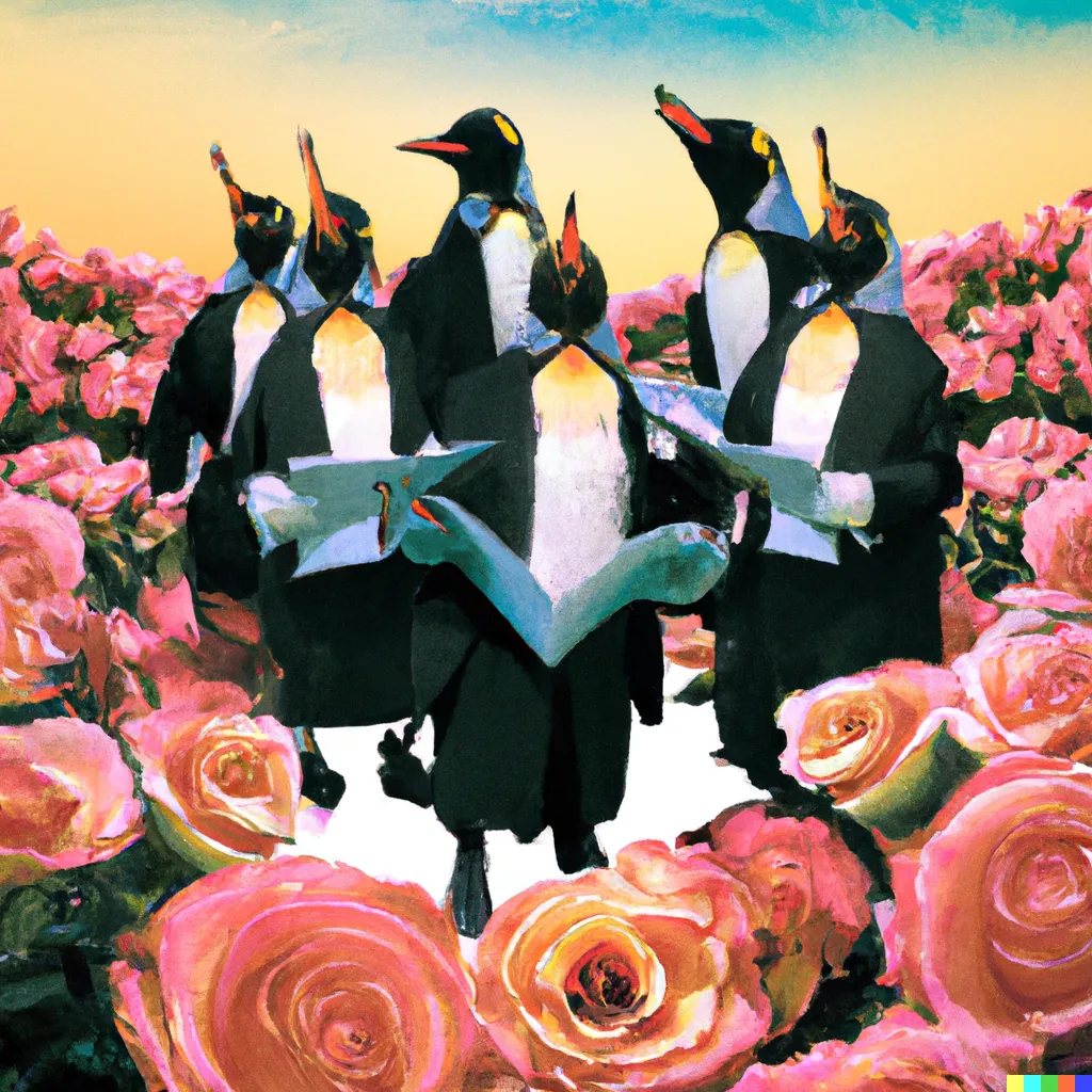 A band of penguins in suits performing in a rose garden, album cover art