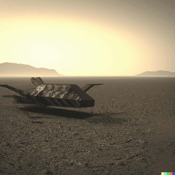 A 3D render of an optical camouflage spacecraft landing on a desert in the style of a sci-fi film