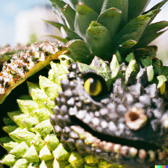 Macro 35mm film photography of an iguana made out of pineapples