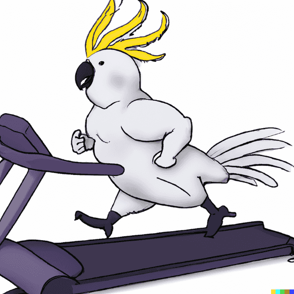 An illustration of a fat cockatoo jogging on a treadmill and sweating
