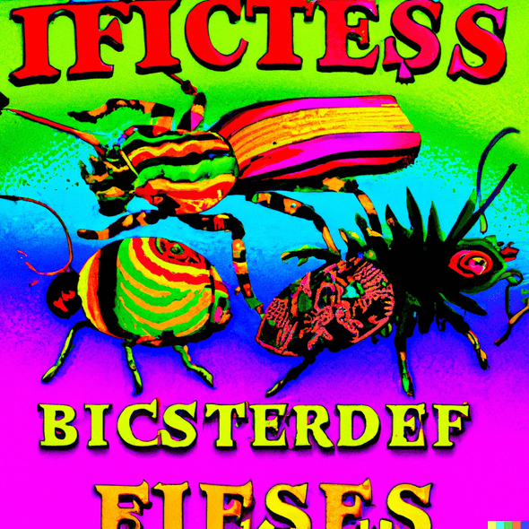 An album cover art of a band of different insects in the style of 1970s psychedelic rock