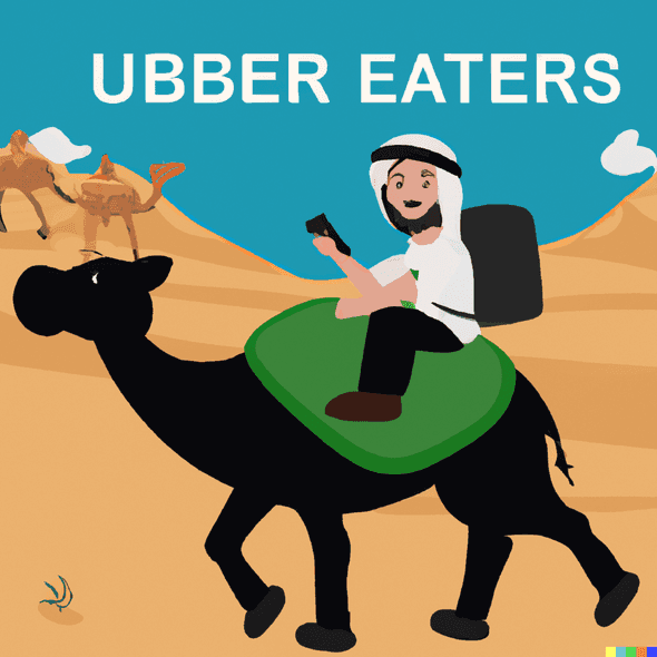 Uber Eats delivery driver riding a camel in a desert