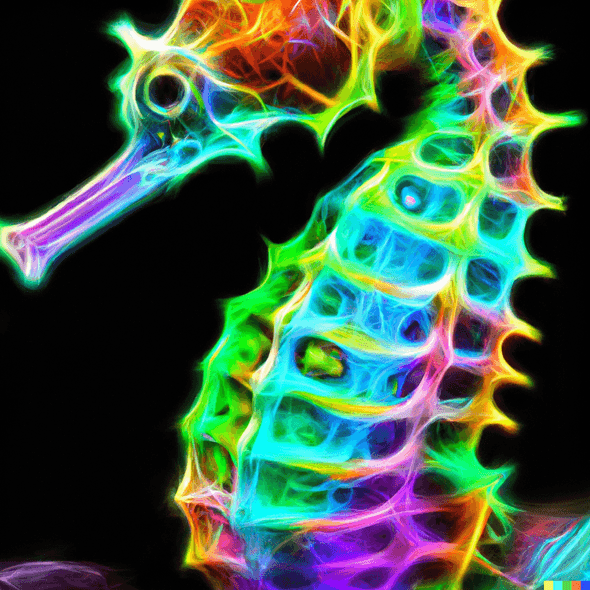 A close-up shot of rainbow-colored seahorse, digital art