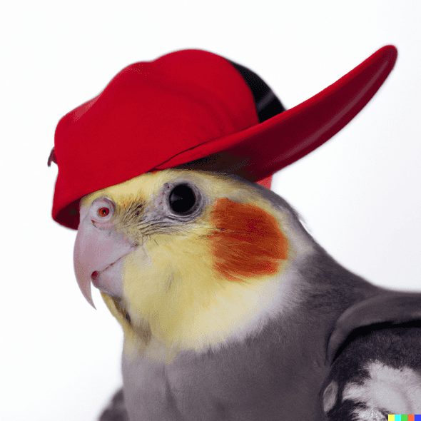 Close-up shot of a cockatiel with a red baseball cap