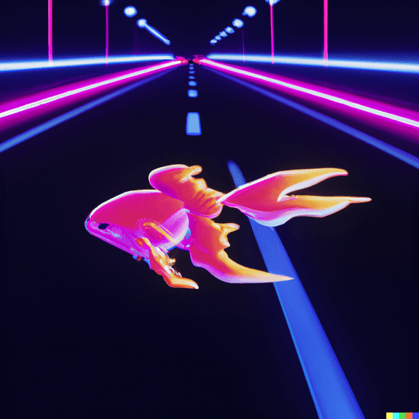 A vaporwave illustration of a futuristic goldfish swimming at ultra-high speed along a neon highway, a time lapse shot